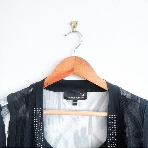 Laura Petites Party Blouse Sheer Vest Rhinestones Sequins Lace Tunic Women's M - Picture 5 of 8